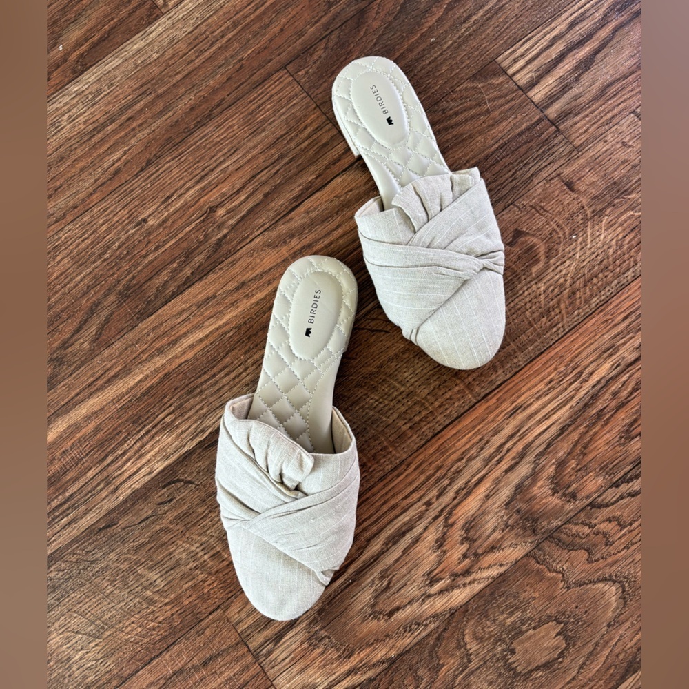Birdies Slip On The Songbird Stripped Neural Taupe Linen Slide Mule Woman’s 7